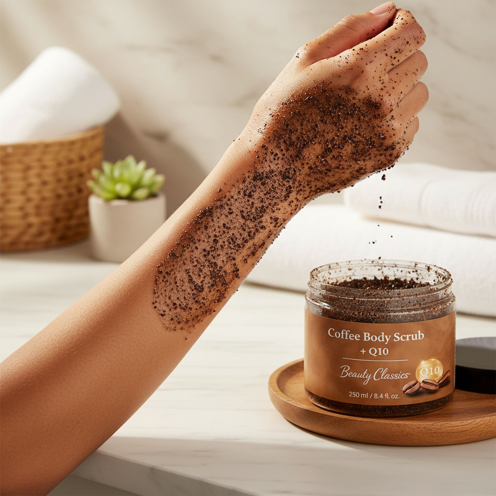 Coffee Body Scrub +Q10 on lighter brown skin tone