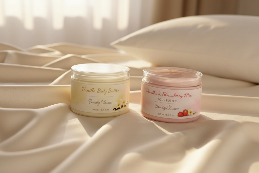 Vanilla Body Butter and Vanilla & Strawberry Mix Body Butter on silky bedding